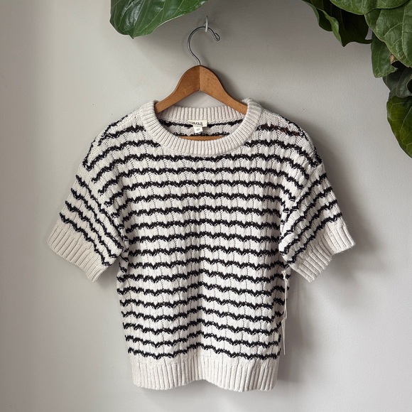a.n.a Haptics Ivory & Black Wavy Stripe Short Sleeve Crewneck Sweater Top - Picture 2 of 5